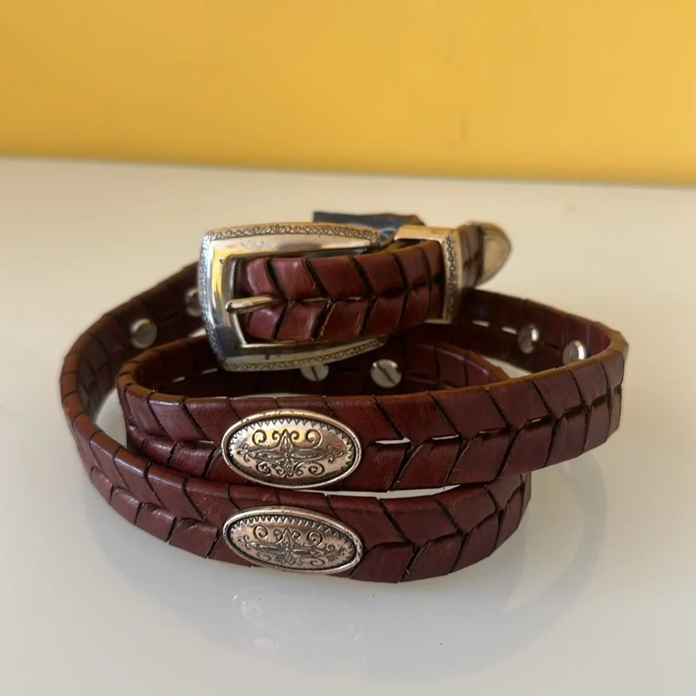 Brighton Brown Braided Leather Belt with Metal Medallions Size L